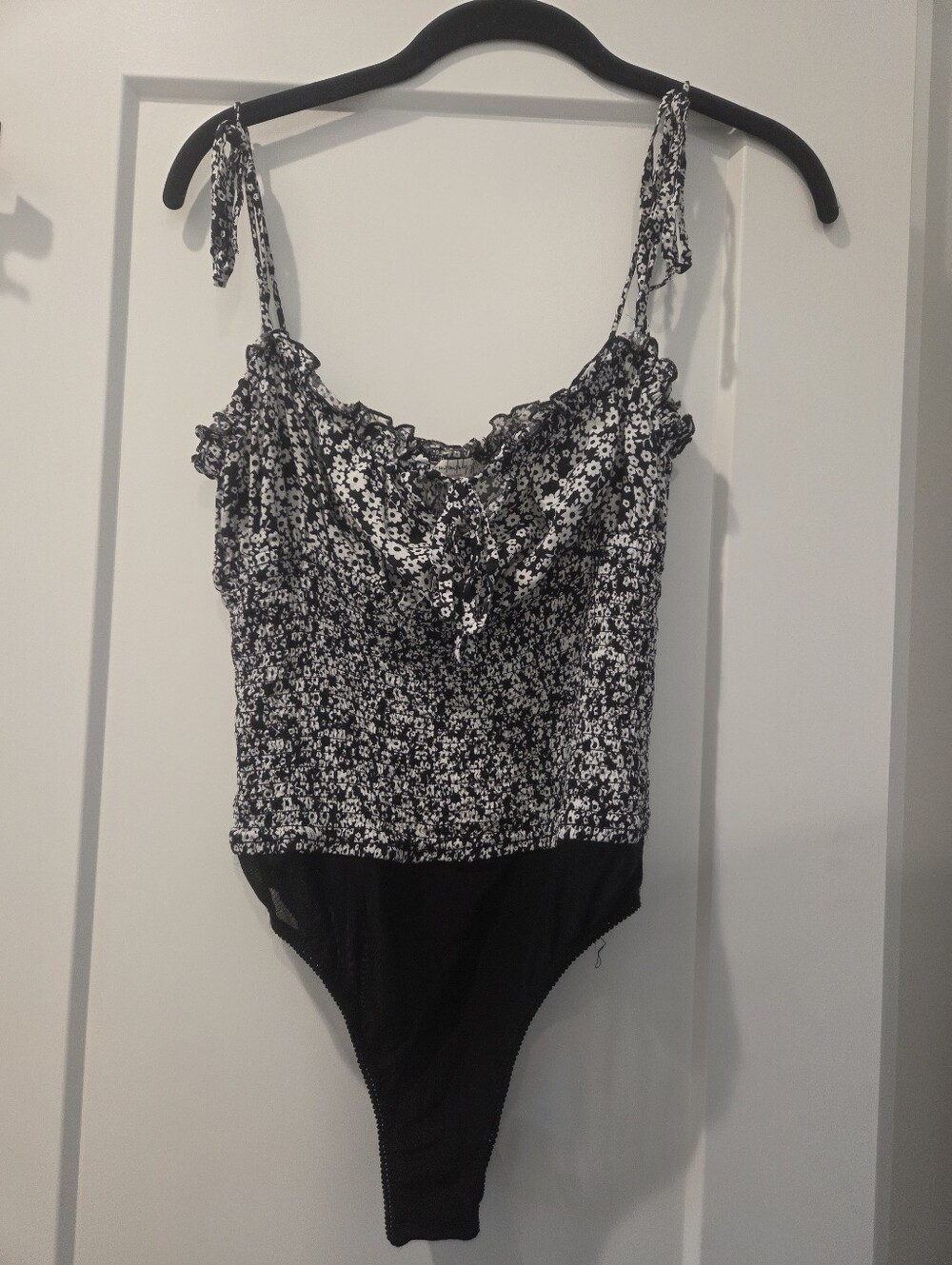 Black & White Floral Tie-Shoulder Kids One-Piece